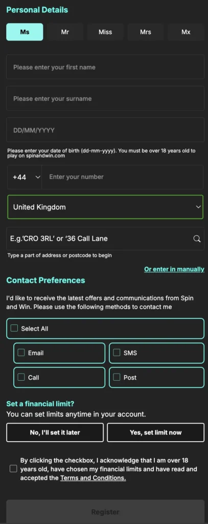 Spin and Win Casino Registration